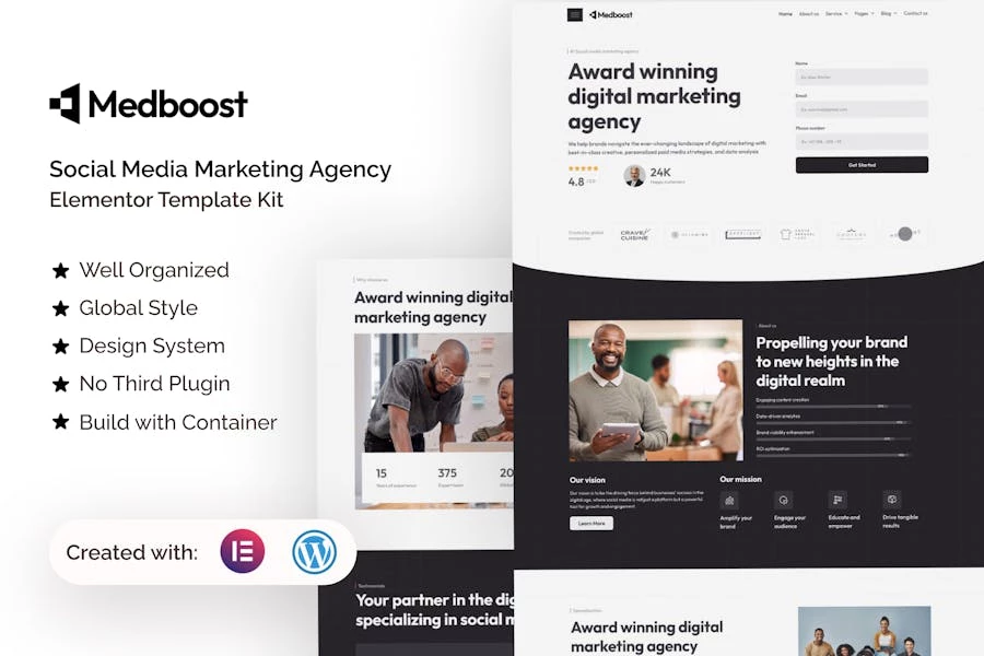 Medboost - Kit de plantillas Elementor para Agencia de Marketing en Redes Sociales