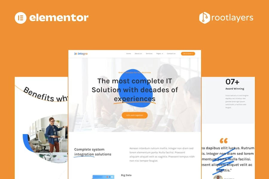 Integra - Kit completo de plantillas de sitio Elementor Pro para soluciones y servicios de TI