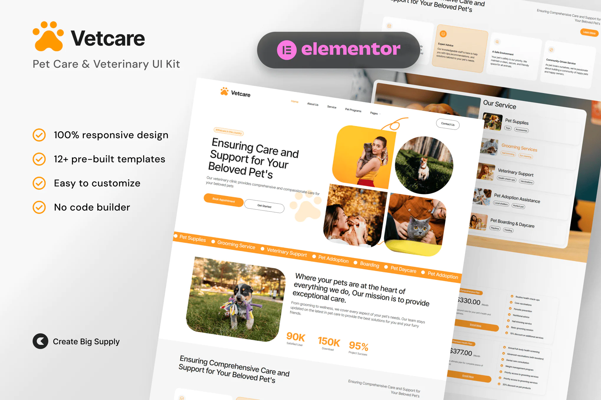 VetCare - Kit de plantillas Elementor para el cuidado de mascotas y veterinaria para clínicas de animales