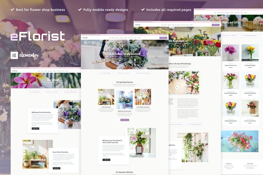 eFlorist - Kit de plantillas Elementor Pro para decoración y boutique de flores