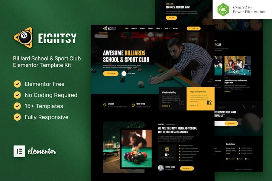 Eightsy - Kit de plantillas Elementor para escuelas de billar y clubes deportivos