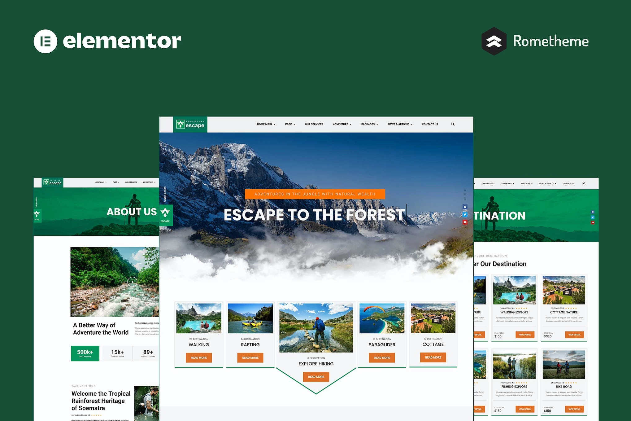 Kit completo de plantillas de sitio Escape - Forest Travel Adventure Elementor Pro