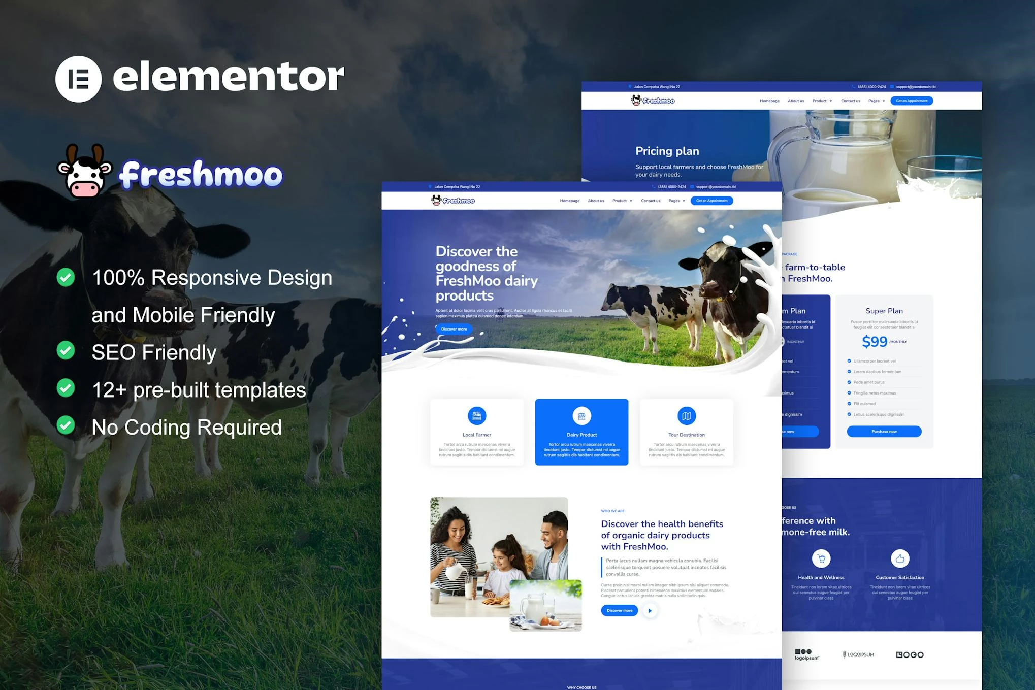 FreshMoo - Kit de plantillas Elementor Pro para granjas lecheras