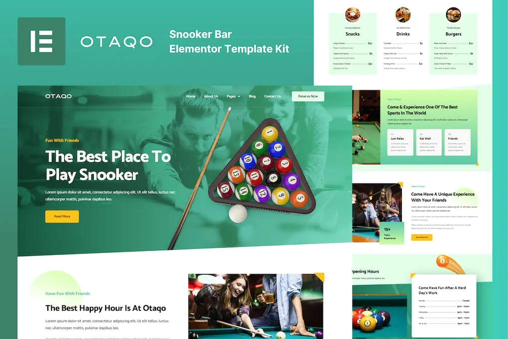 Otaqo - Kit de plantillas Elementor Pro para bar de billar y billar