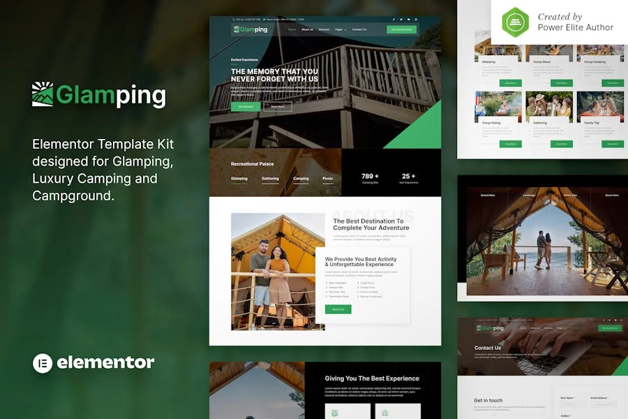 Glamping — Kit de plantillas Elementor para campamentos y campamentos de lujo