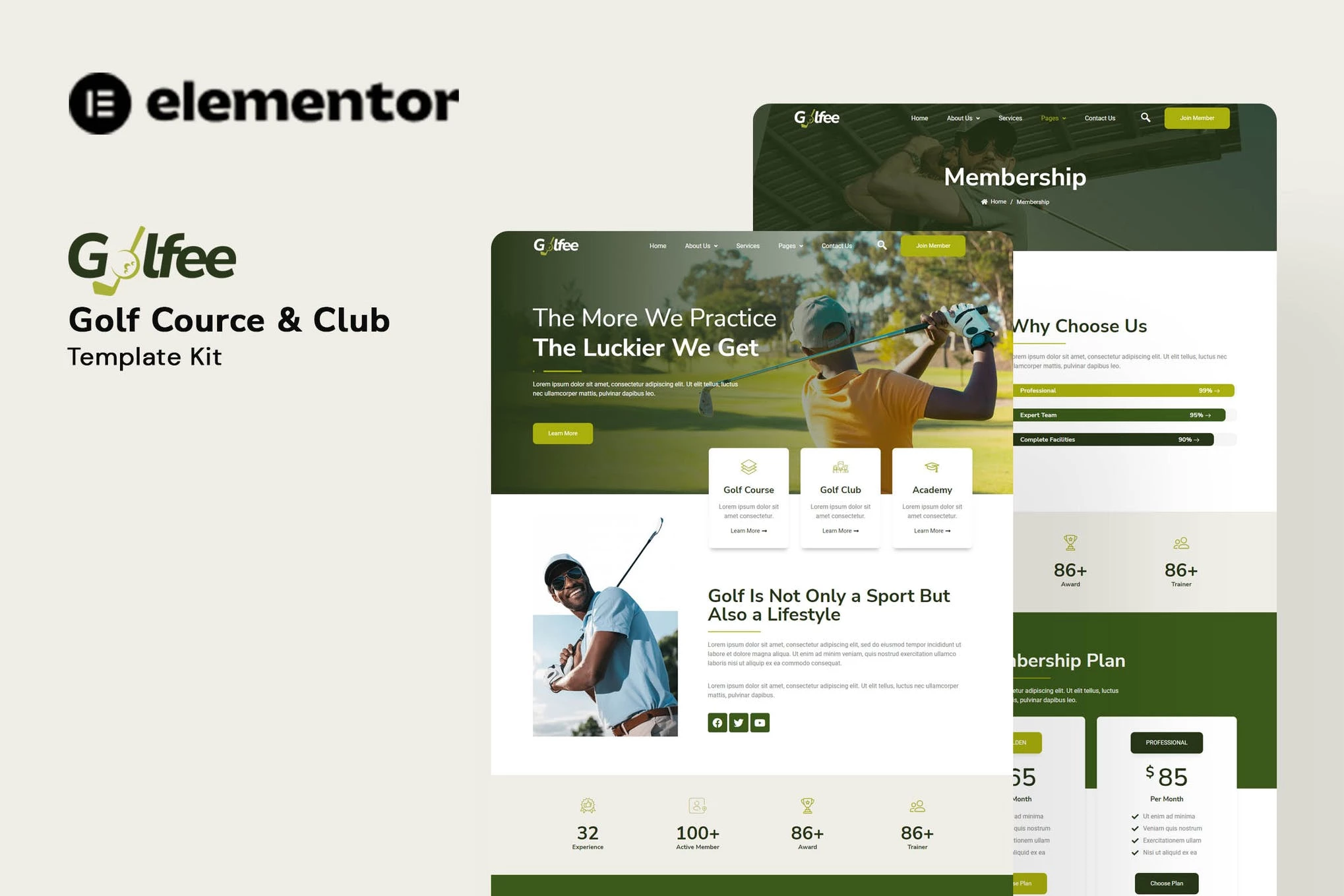 Golfee - Template Kit Elementor para campo de golf y club