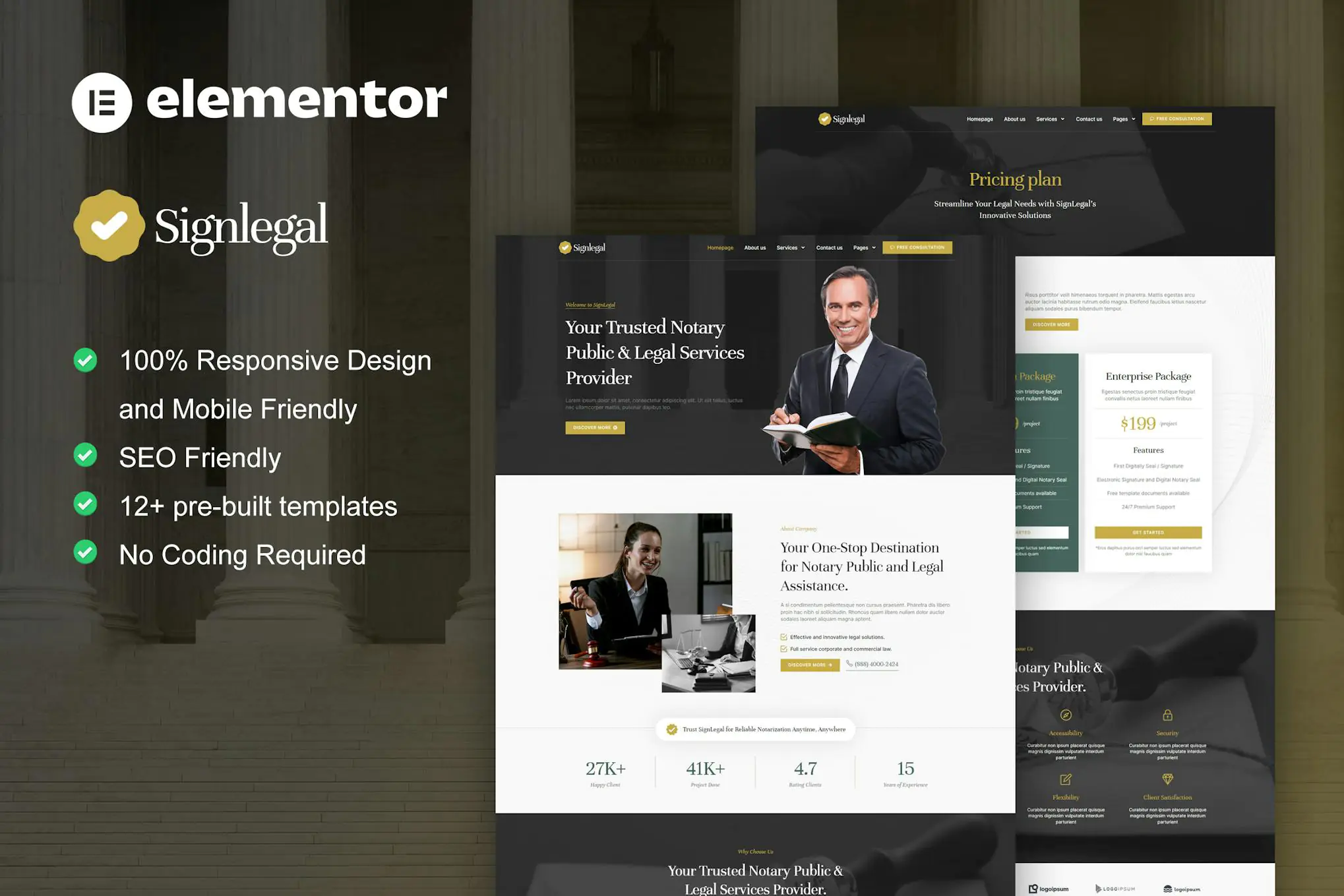 SignLegal - Kit de plantillas Elementor Pro para servicios legales y notarios públicos