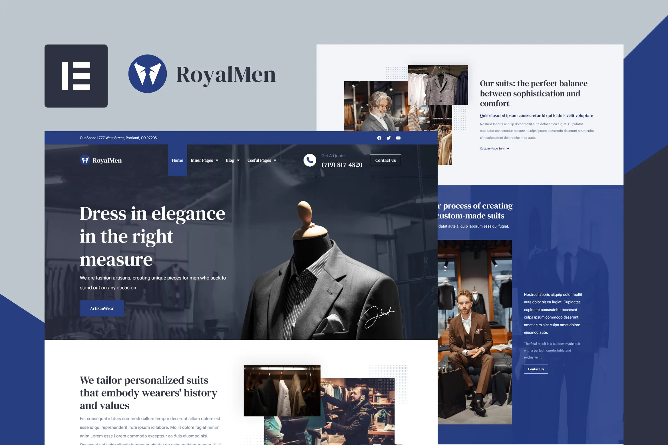 RoyalMen - Kit de plantillas Elementor Pro para trajes a medida