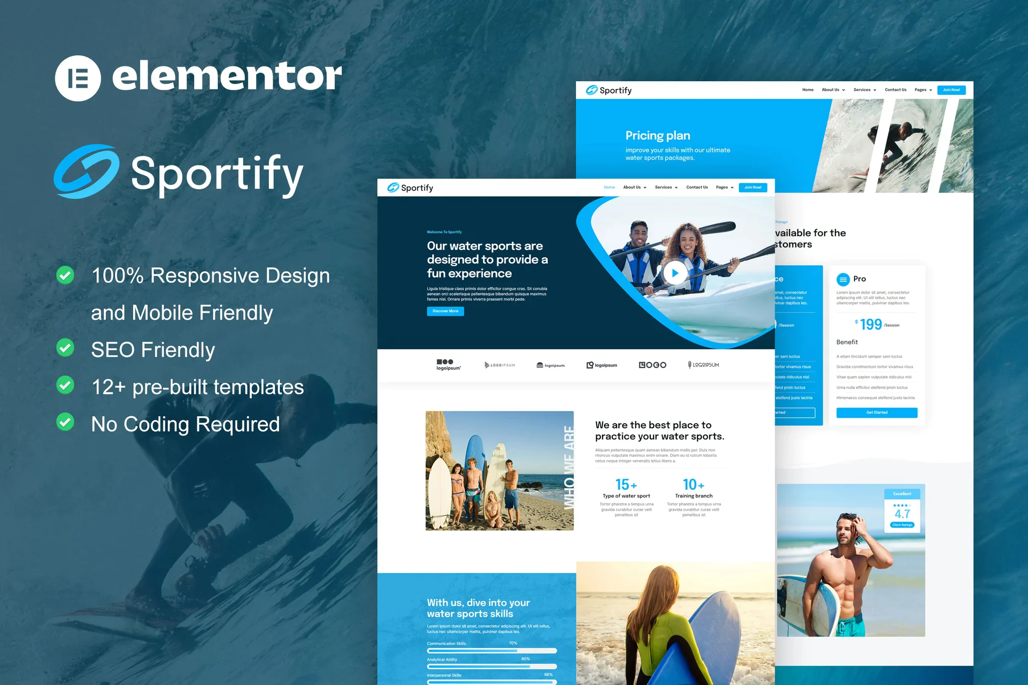 Sportify - Kit de plantillas Elementor Pro para deportes acuáticos y surf