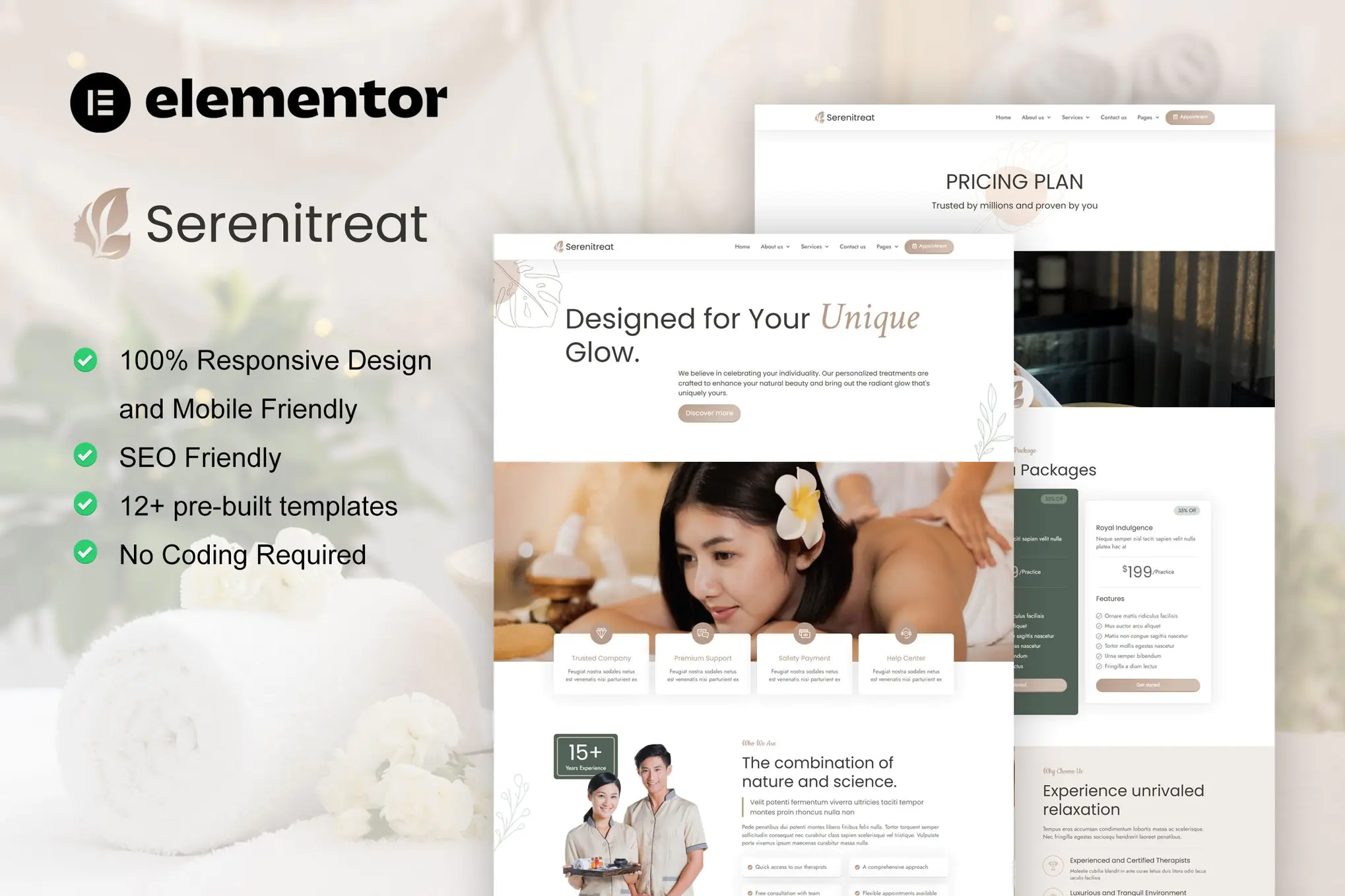 SereniTreat - Kit de plantillas Elementor Pro para spa y cuidado de belleza