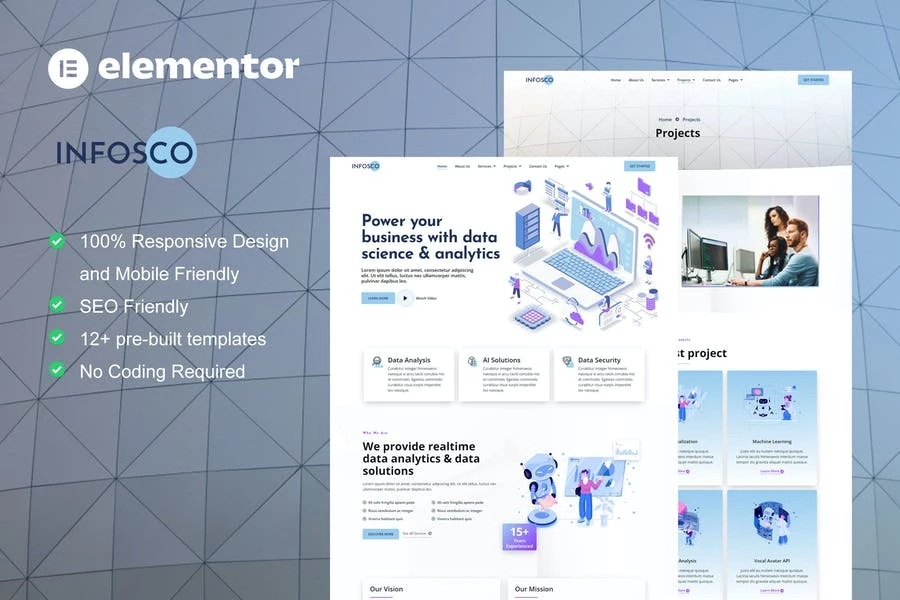 Infosco - Template Kit Elementor de servicios analíticos y de ciencia de datos