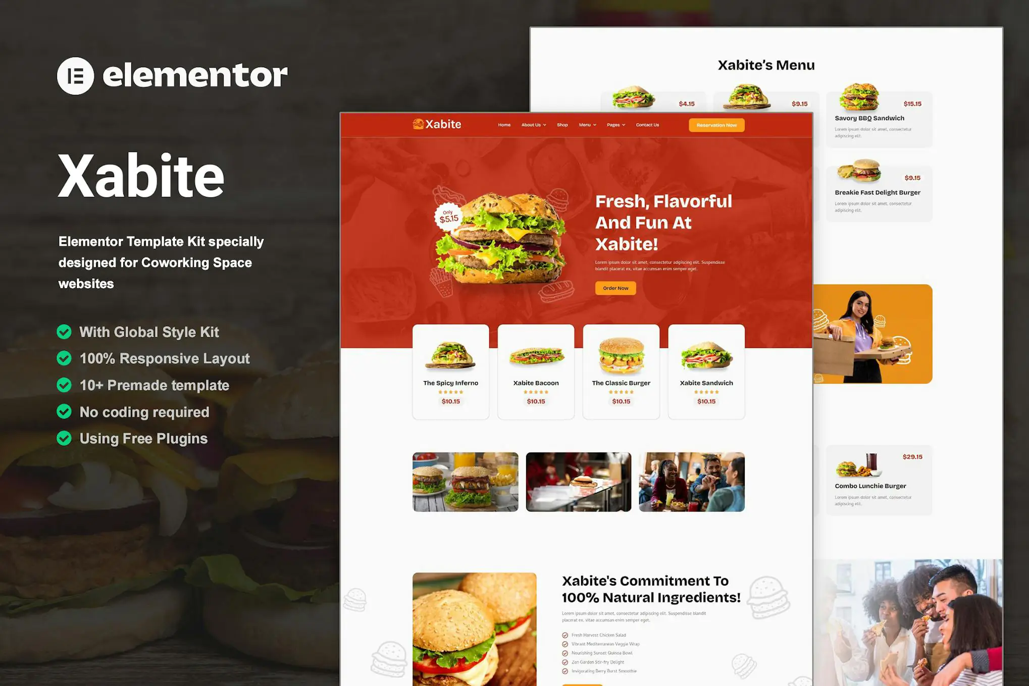 Xabite - Kit de plantillas Elementor para hamburguesas y comida rápida