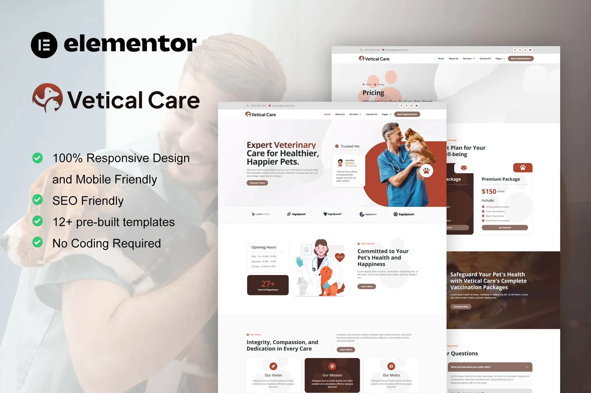 VeticalCare - Kit de plantillas Elementor Pro para el cuidado veterinario y de mascotas