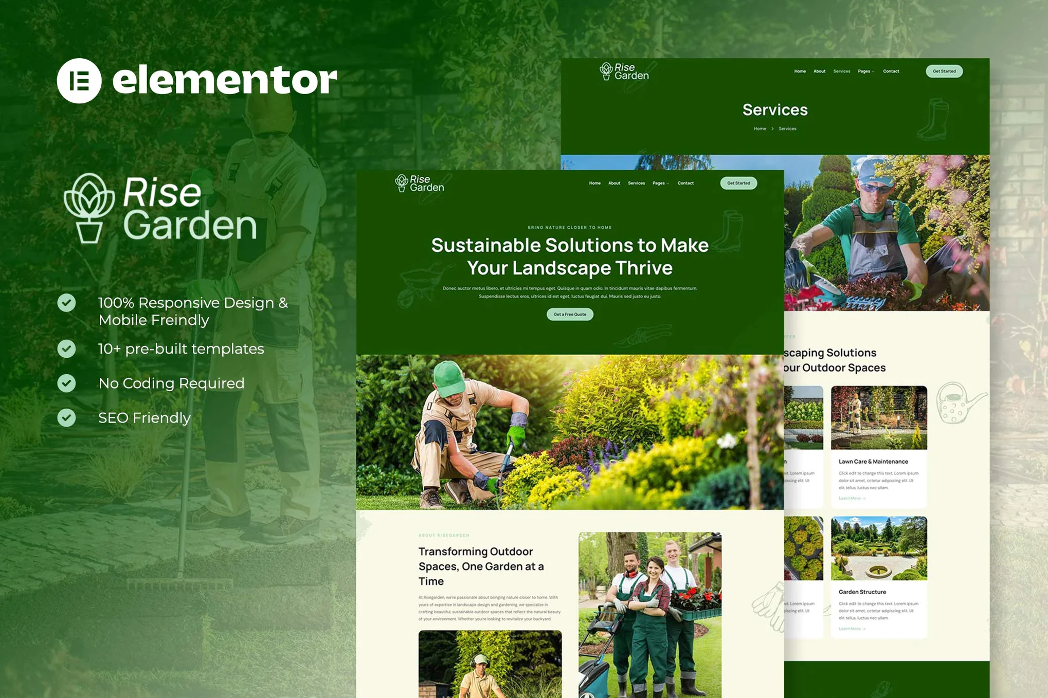 Risegarden - Kit de plantillas Elementor para servicios de jardinería y paisajismo