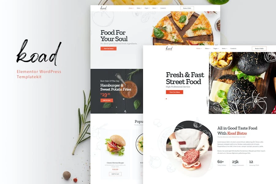 Koad - Kit de plantillas Elementor para restaurantes y bistrós