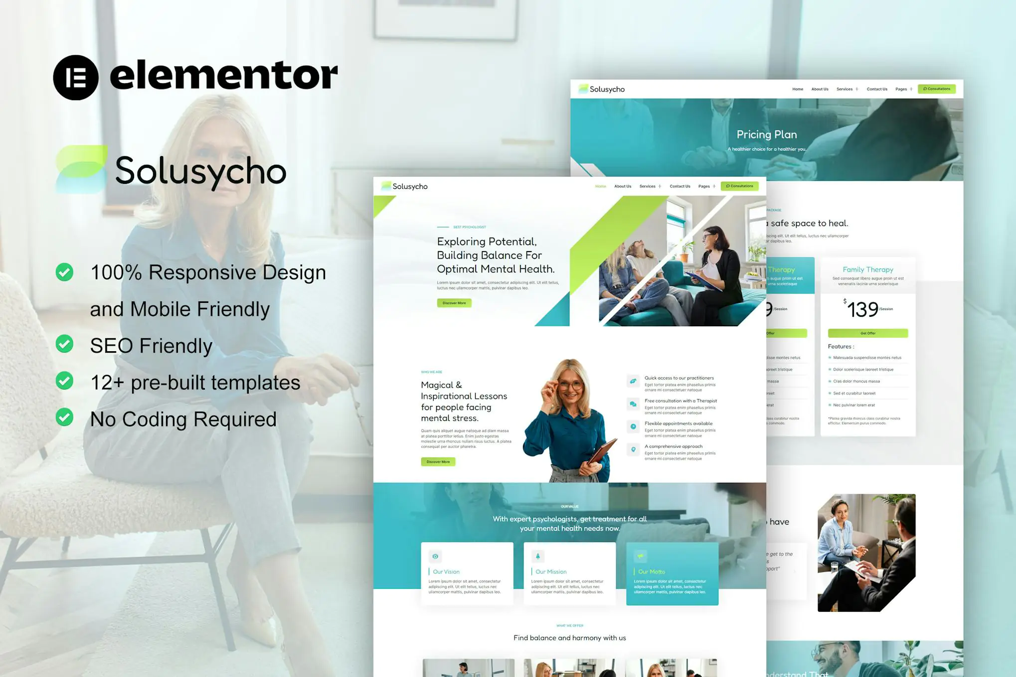 Solusycho - Kit de plantillas Elementor para psicología y salud mental