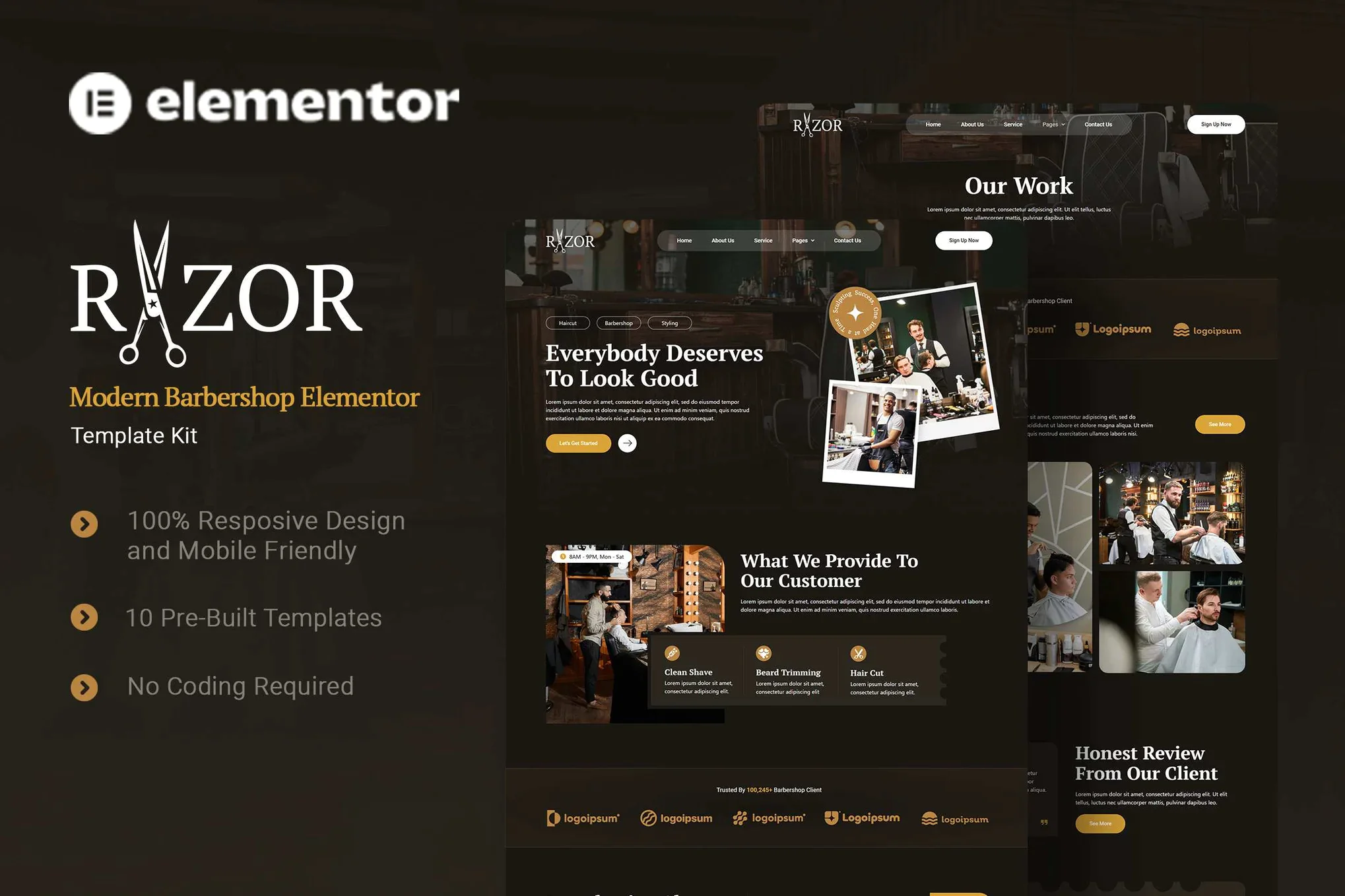 Razor - Kit de plantillas Elementor para barbershop moderno