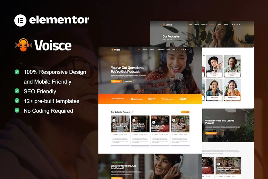 Voisce - Kit de plantillas Elementor Pro para podcasts y transmisión de música