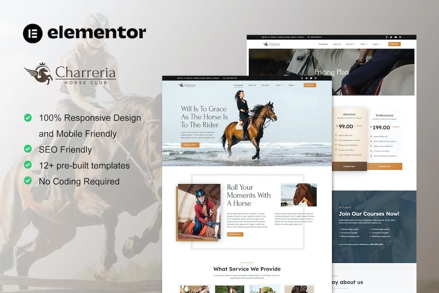 Charreria - Template Kit Elementor para Club de Equitación