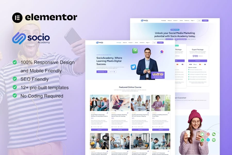 SocioAcademy - Kit de plantillas Elementor para cursos de gestión de redes sociales