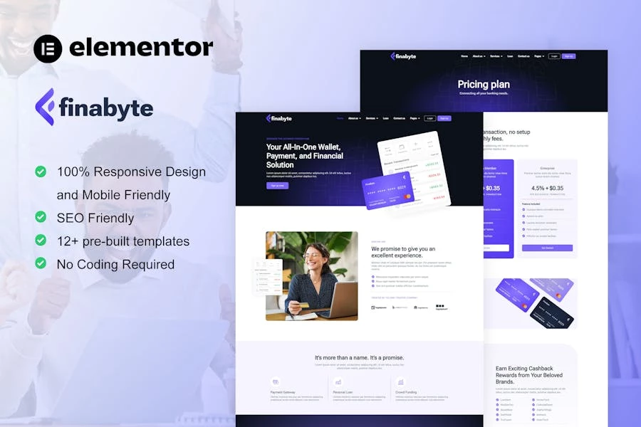 FinaByte - Kit de plantillas Elementor para empresas emergentes de SaaS y tecnología financiera