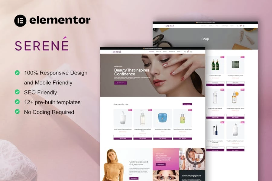 Serene - Kit de plantillas Elementor Pro para salón de belleza y cuidado de la piel