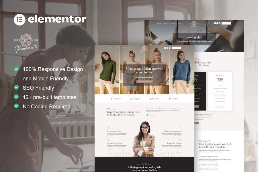 Glamourista - Kit de plantillas Elementor para diseñadores de moda