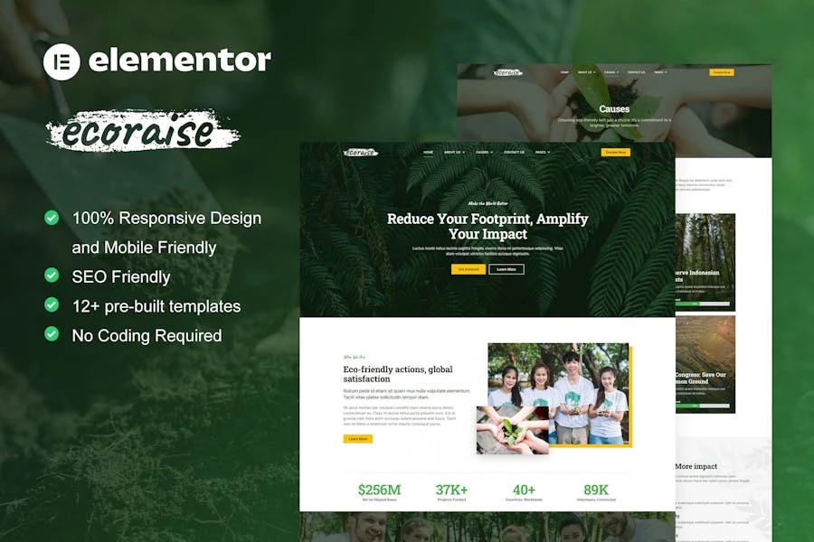 EcoRaise - Kit de plantillas Elementor para organizaciones benéficas y sin fines de lucro medioambientales