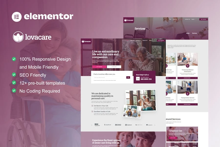 LovaCare - Template Kit Elementor para servicios de cuidado de personas mayores