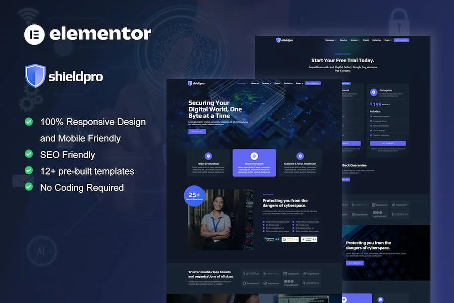 Shieldpro - Kit de plantillas Elementor Pro para servicios de ciberseguridad