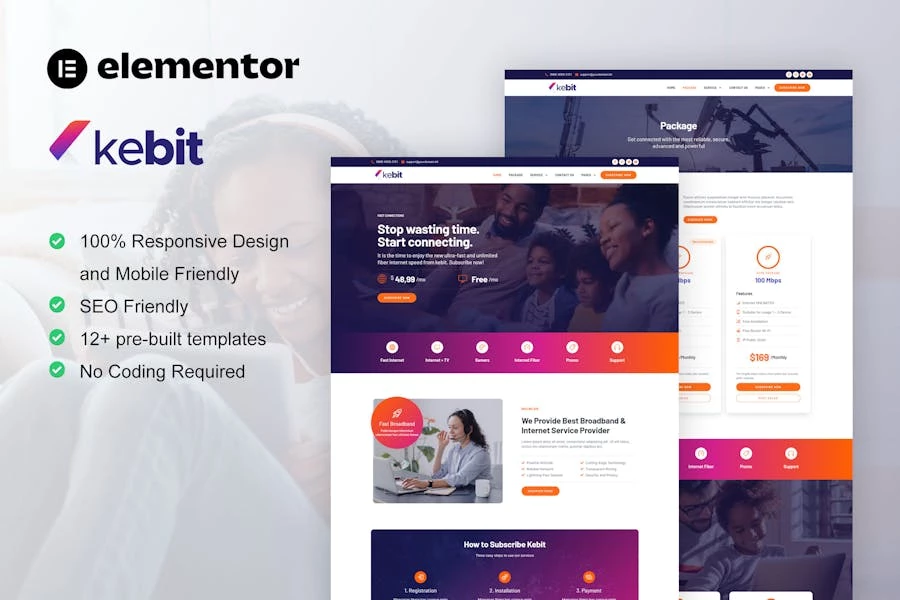 Kebit - Kit de plantillas Elementor Pro para proveedores de servicios de banda ancha e Internet