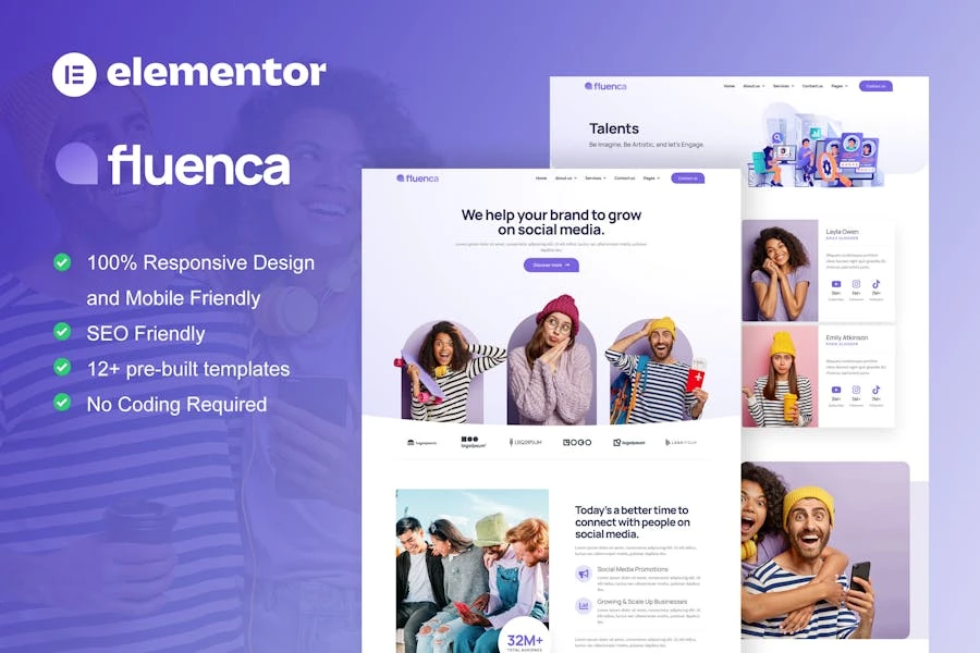 Fluenca - Kit completo de plantillas de sitio web Elementor Pro para Agencia de redes sociales