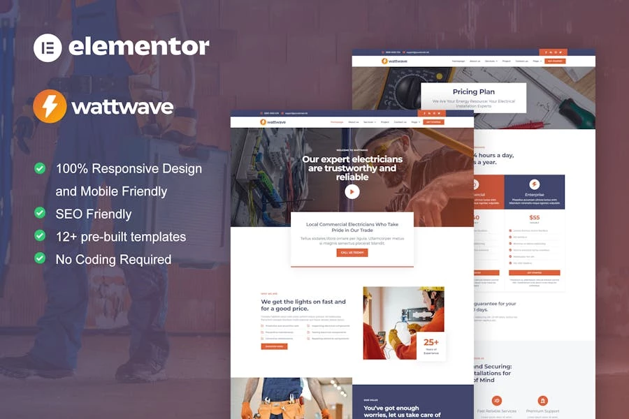 WattWave - Kit de plantillas Elementor Pro para el servicio de instalación y mantenimiento eléctricos