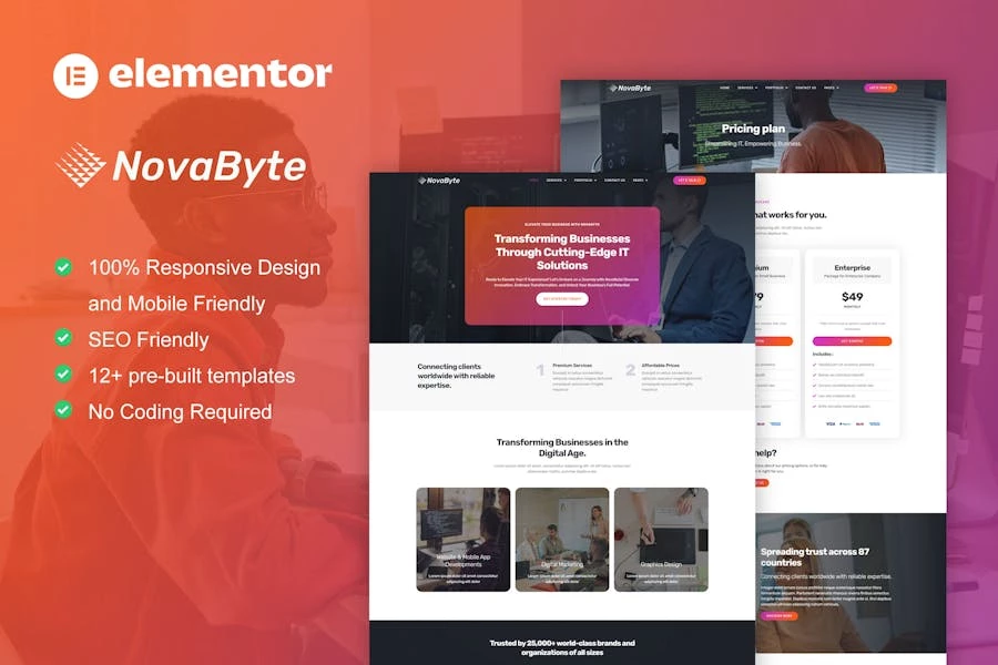 Novabyte - Kit de plantillas Elementor Pro para empresas de soluciones y servicios de TI