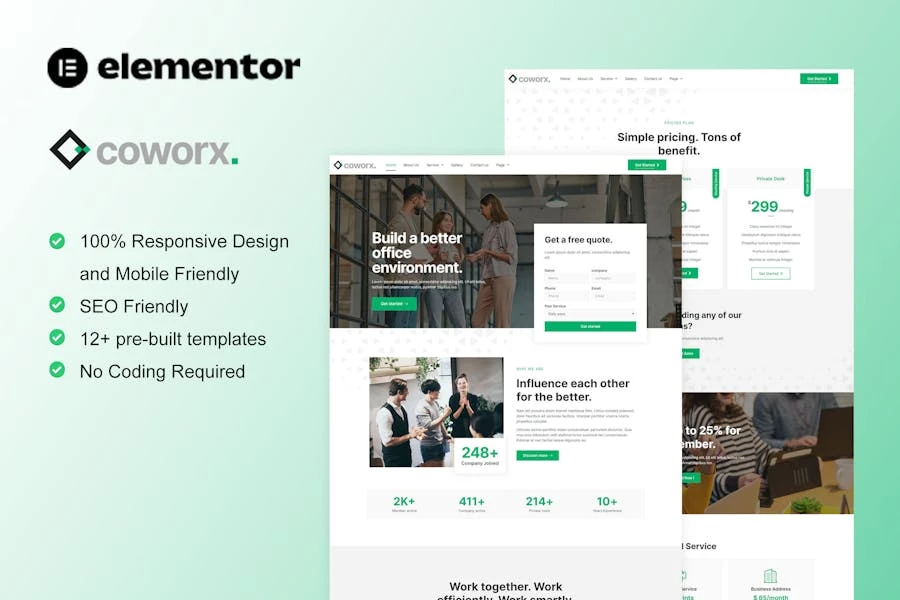 Coworx - Kit de plantillas Elementor para espacios de coworking y oficina virtual