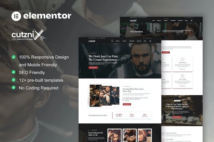 Cutznix - Kit de plantillas Elementor para barbería y peluquería