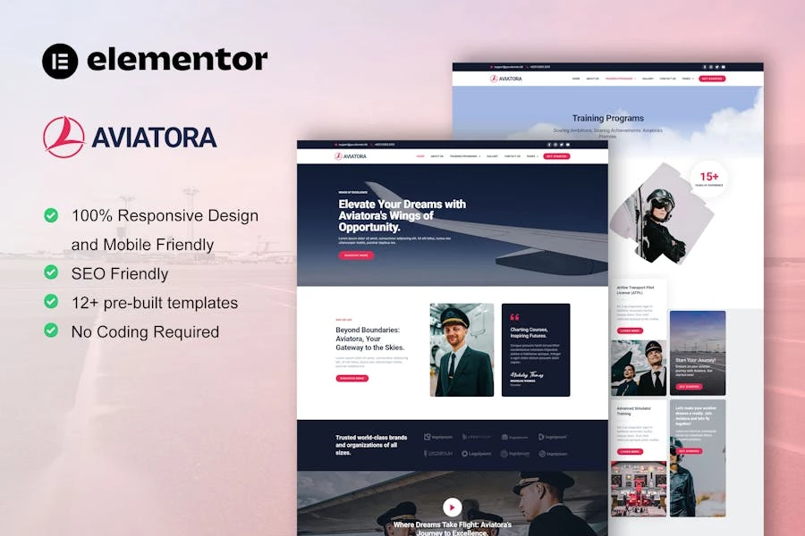 Aviatora - Kit de plantillas Elementor Pro para escuelas de aviación y vuelo