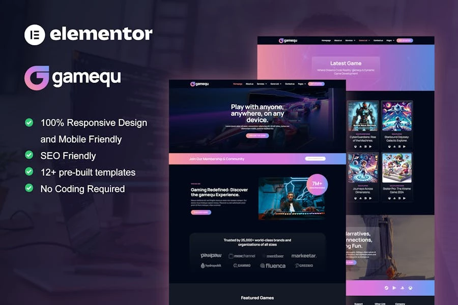 Gamequ - Kit de plantillas Elementor Pro para editores de juegos