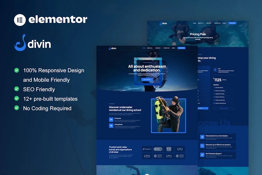 Divin - Kit de plantillas Elementor Pro para club de buceo