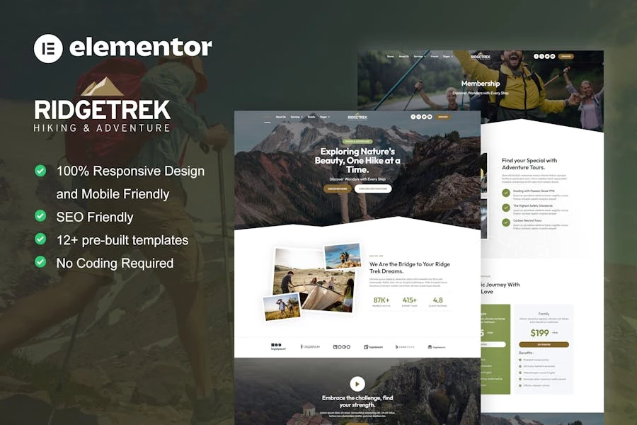 RidgeTrek - Kit de plantillas Elementor para senderismo y aventura