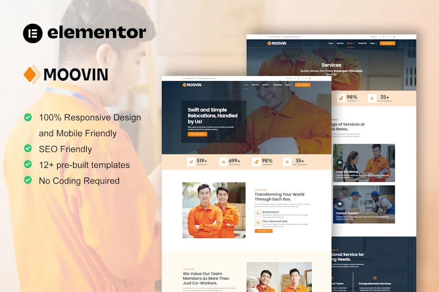 Moovin - Kit de plantillas Elementor Pro para empresas de mudanzas