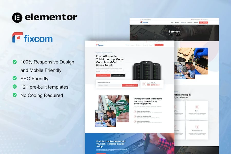 Fixcom - Template Kit Elementor para reparación de teléfonos móviles y computadoras