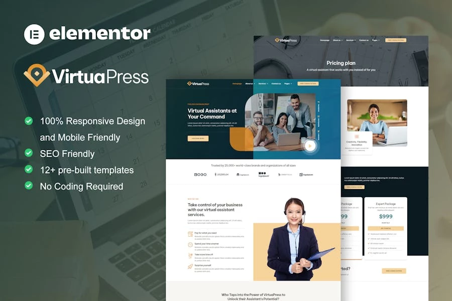 VirtuaPress - Kit de plantillas Elementor de servicio de asistente virtual