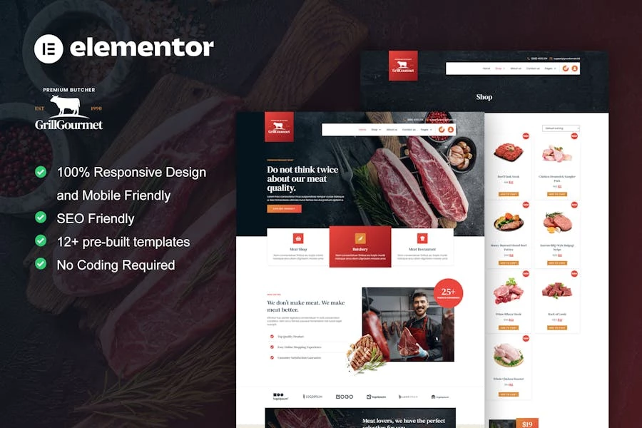 GrillGourmet - Kit de plantillas Elementor para carnicería y carnicería