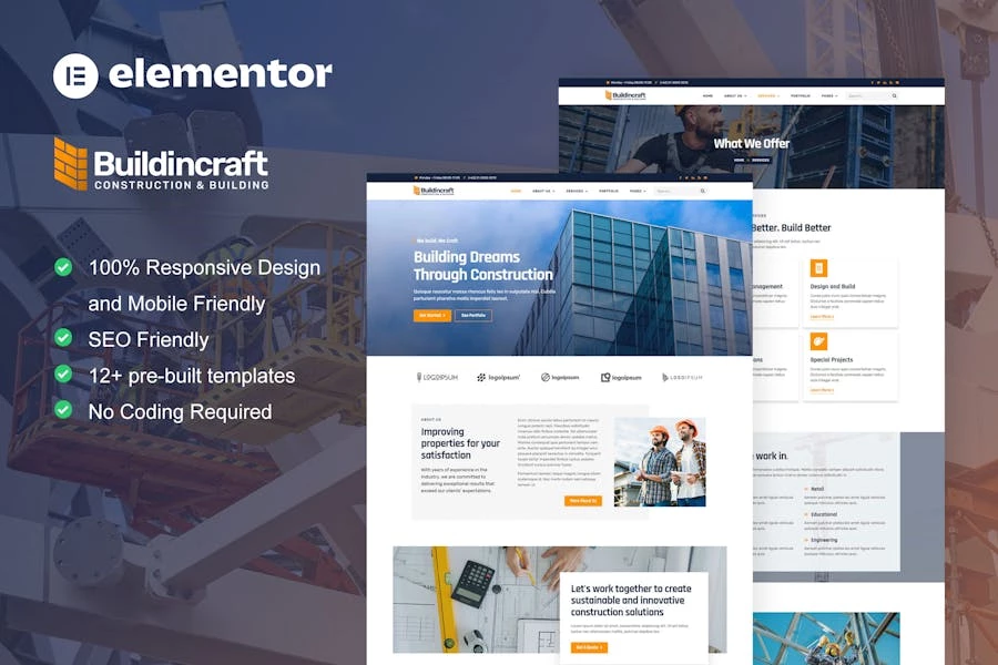 BuildinCraft: Template Kit Elementor para construcción y construcción