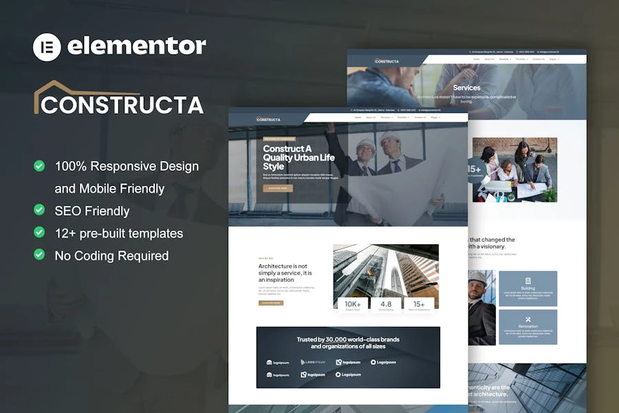 Constructa - Kit de plantillas Elementor Pro para construcción y construcción