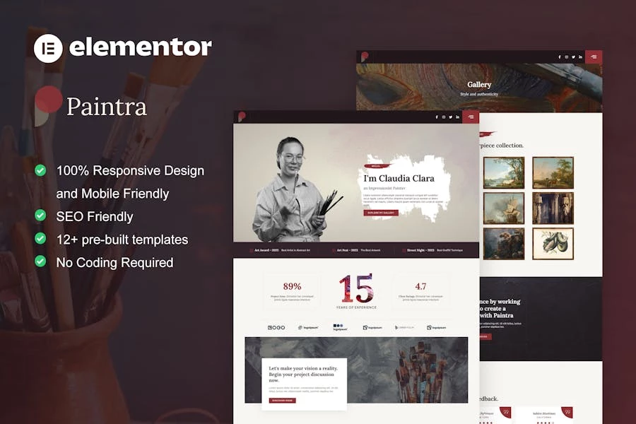 Paintra - Kit de plantillas Elementor Pro para artistas creativos y pintores