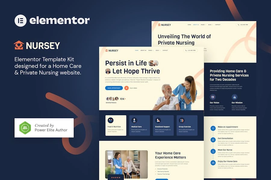 Nursey — Kit de plantillas Elementor para agencias de atención domiciliaria y enfermería privada