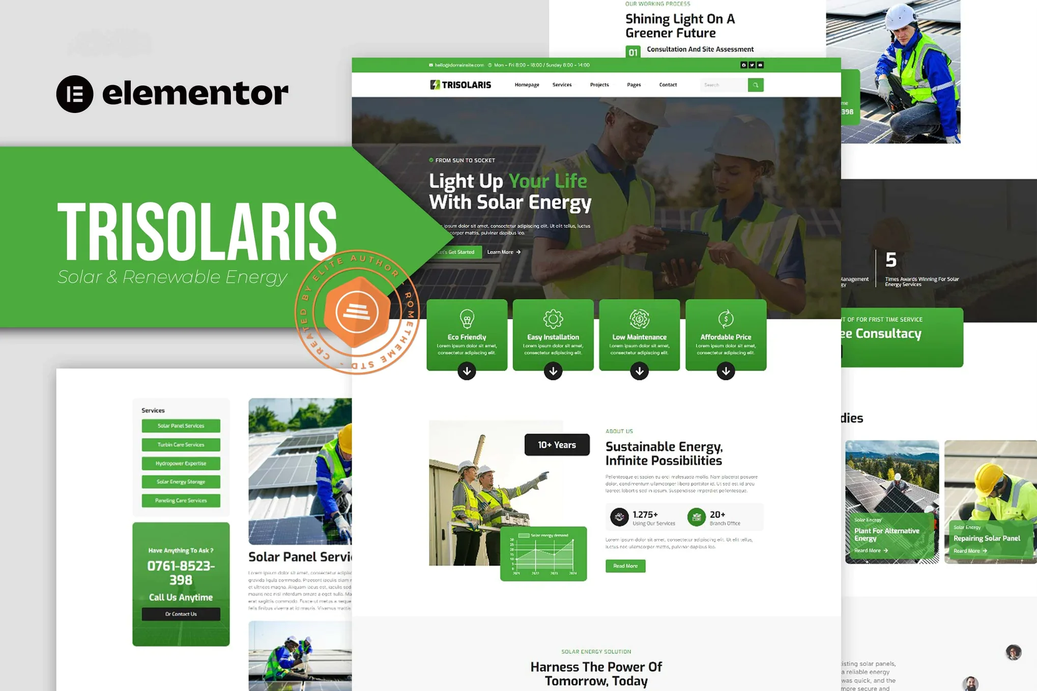 Trisolaris - Kit de plantillas Elementor para energía solar y renovable