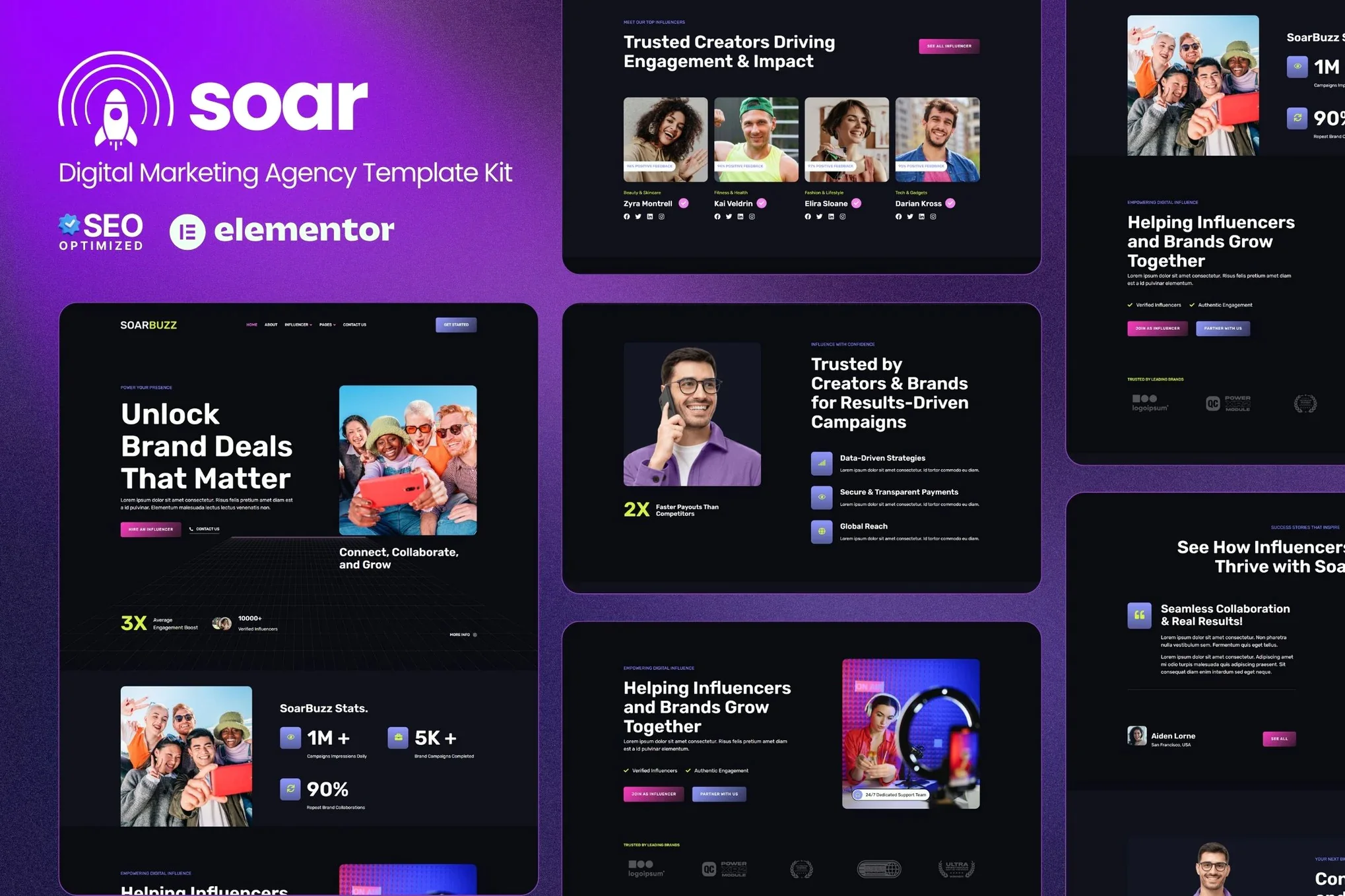 SoarBuzz - Kit de Plantillas Elementor para Agencia de Influenciadores